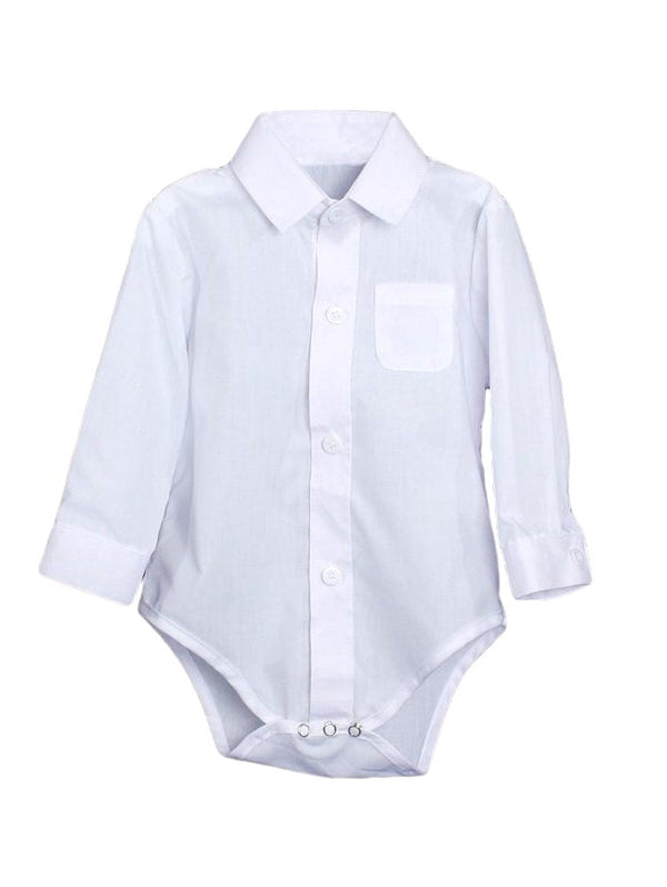 Baby Boys White Poly Cotton Button Up Dress Shirt Bodysuit NB-24M - SophiasStyle.com